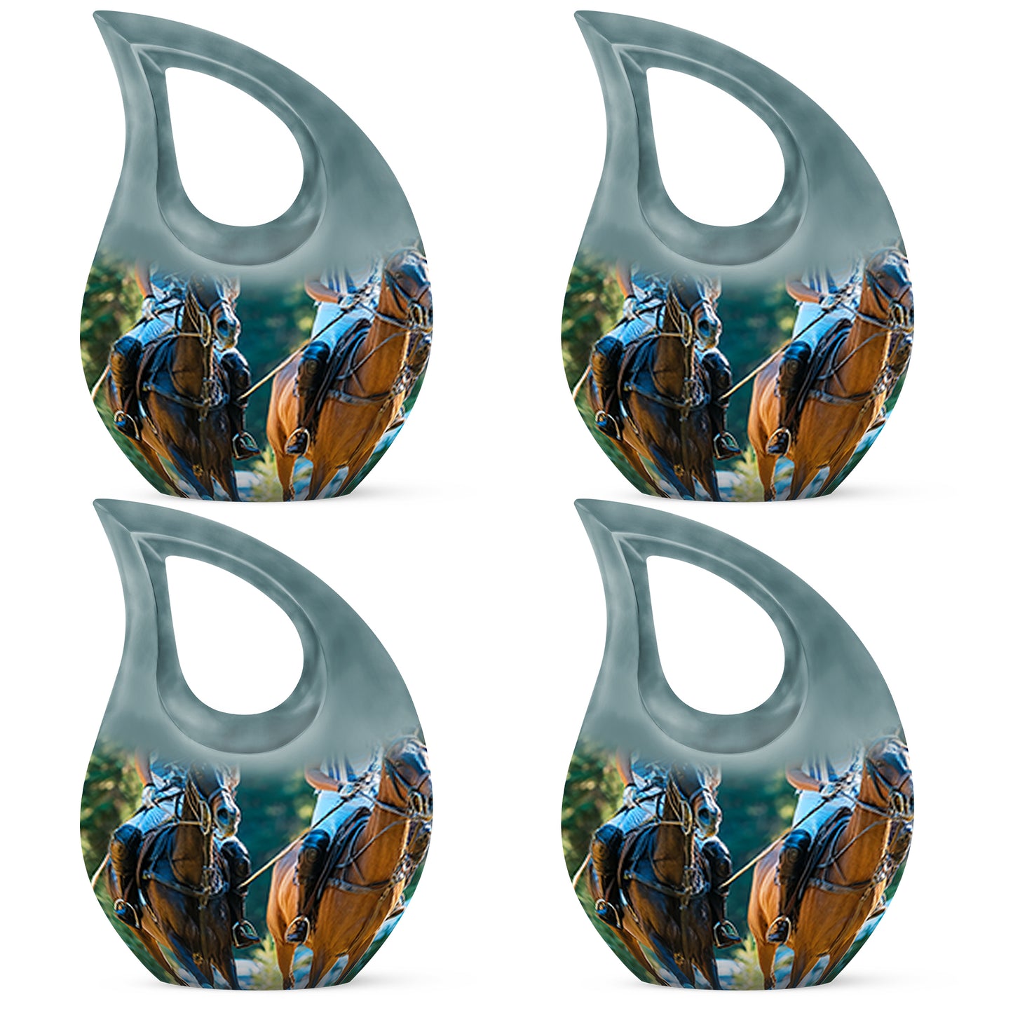 Emerald Green Horse Polo Cremation Urn lifestyle display on memorial shelf - cross and horse polo combined in spiritual memorial design - 10 inch aluminum urn for cremated remains