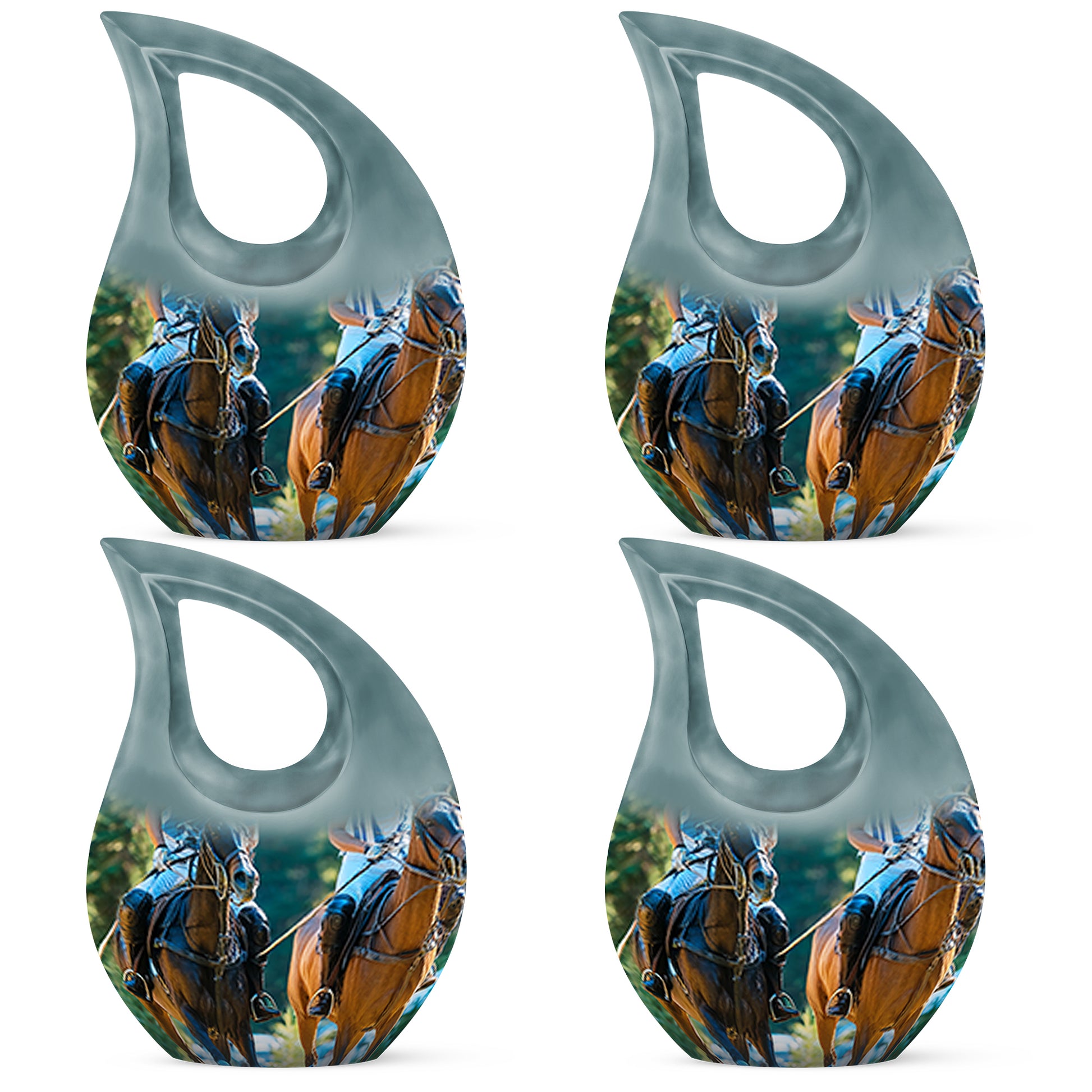 Emerald Green Horse Polo Cremation Urn lifestyle display on memorial shelf - cross and horse polo combined in spiritual memorial design - 10 inch aluminum urn for cremated remains