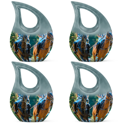 Emerald Green Horse Polo Cremation Urn lifestyle display on memorial shelf - cross and horse polo combined in spiritual memorial design - 10 inch aluminum urn for cremated remains