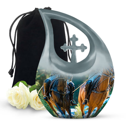 Moss Green Horse Polo Cremation Urn top-down view of secure threaded lid - cross and horse polo combined in spiritual memorial design - full-size 10 inch 200 cubic inch adult cremation urn