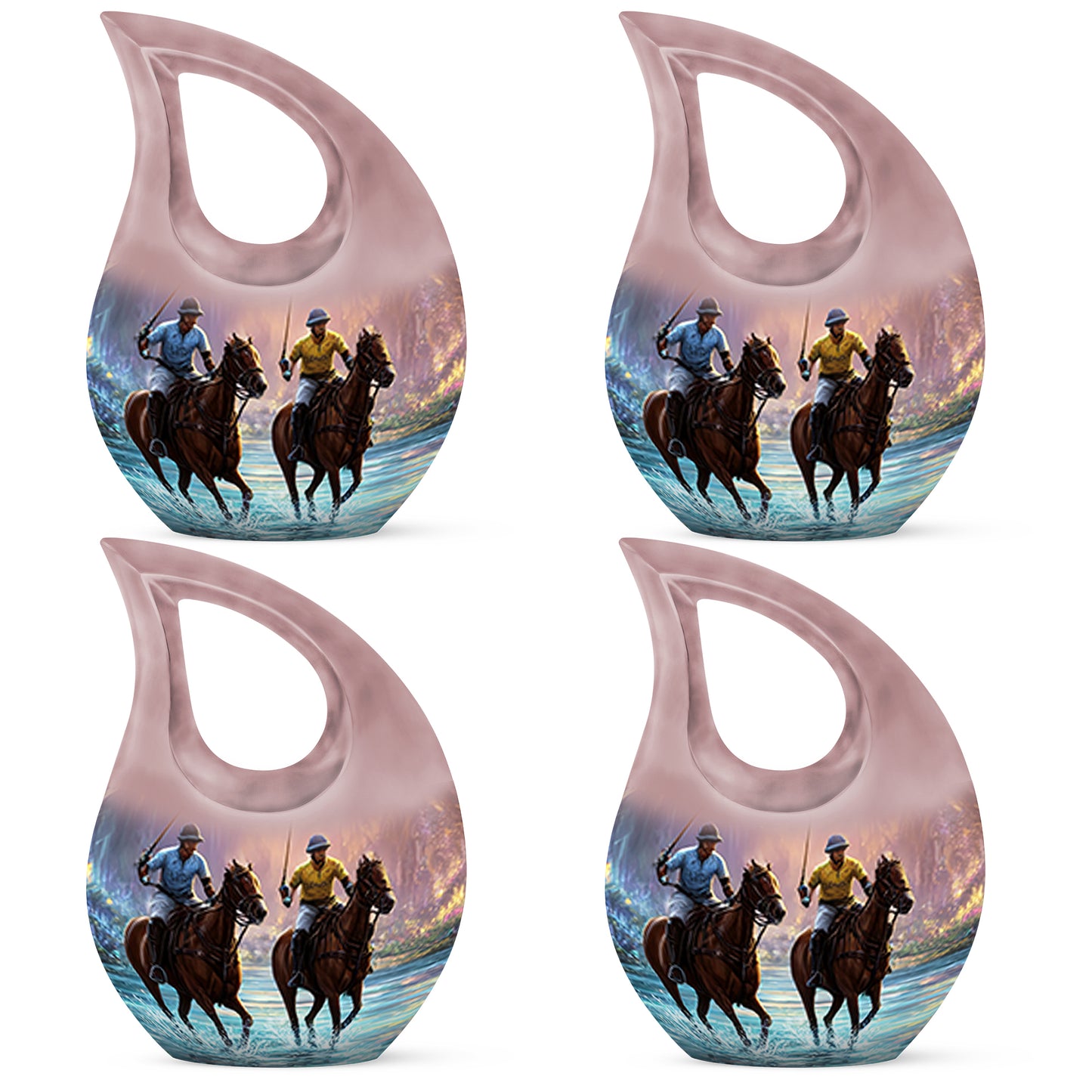 Dark Black Horse Polo Cremation Urn lifestyle display on memorial shelf - devotional cross-drop horse polo engraving - 10 inch aluminum urn for cremated remains