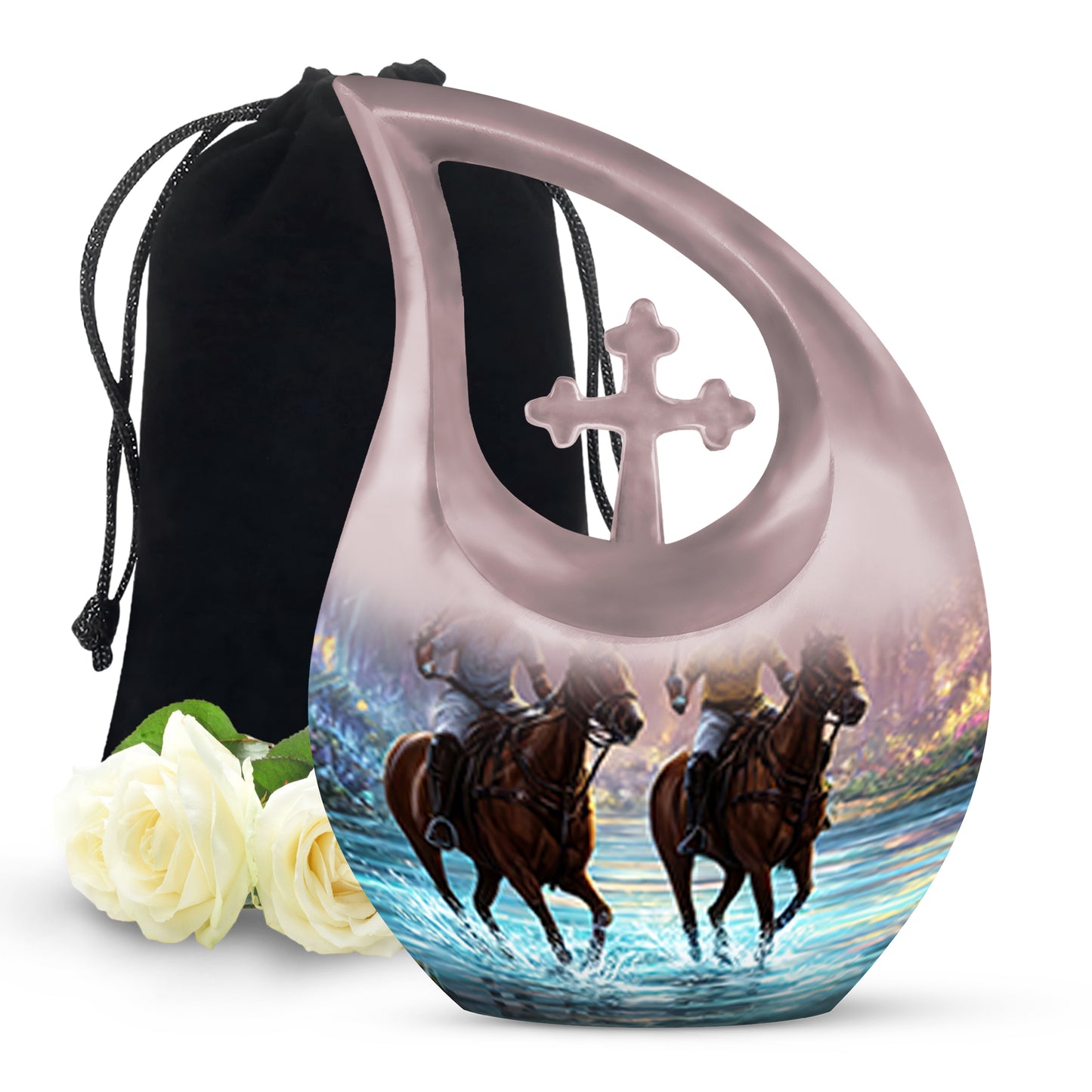 Ebony Horse Polo Cremation Urn top-down view of secure threaded lid - sacred cross merged with horse polo motif on metal - full-size 10 inch 200 cubic inch adult cremation urn