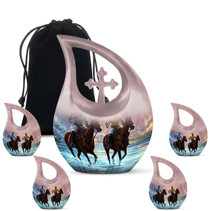 Midnight Black Horse Polo Cremation Urn urn with complimentary velvet bag - faith-inspired cross-drop urn with horse polo pattern - memorial set with one large and four small urns