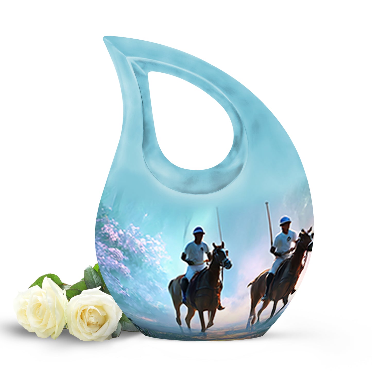 Teal Serene Horse Polo Memorial Urn for Ashes - 10-inch, 200 cu in - Yatskia