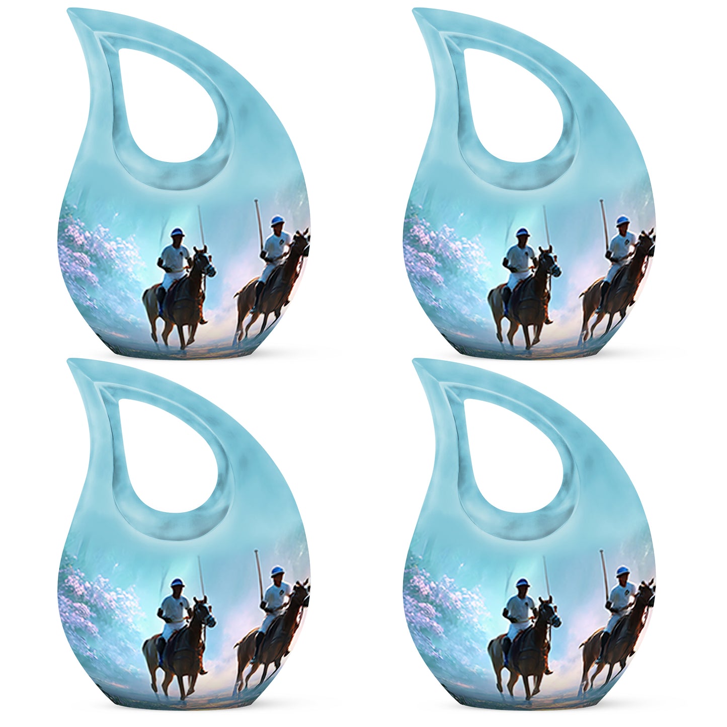 Tropical Teal Horse Polo Cremation Urn lifestyle display on memorial shelf - faith-inspired cross-drop urn with horse polo pattern - 10 inch aluminum urn for cremated remains