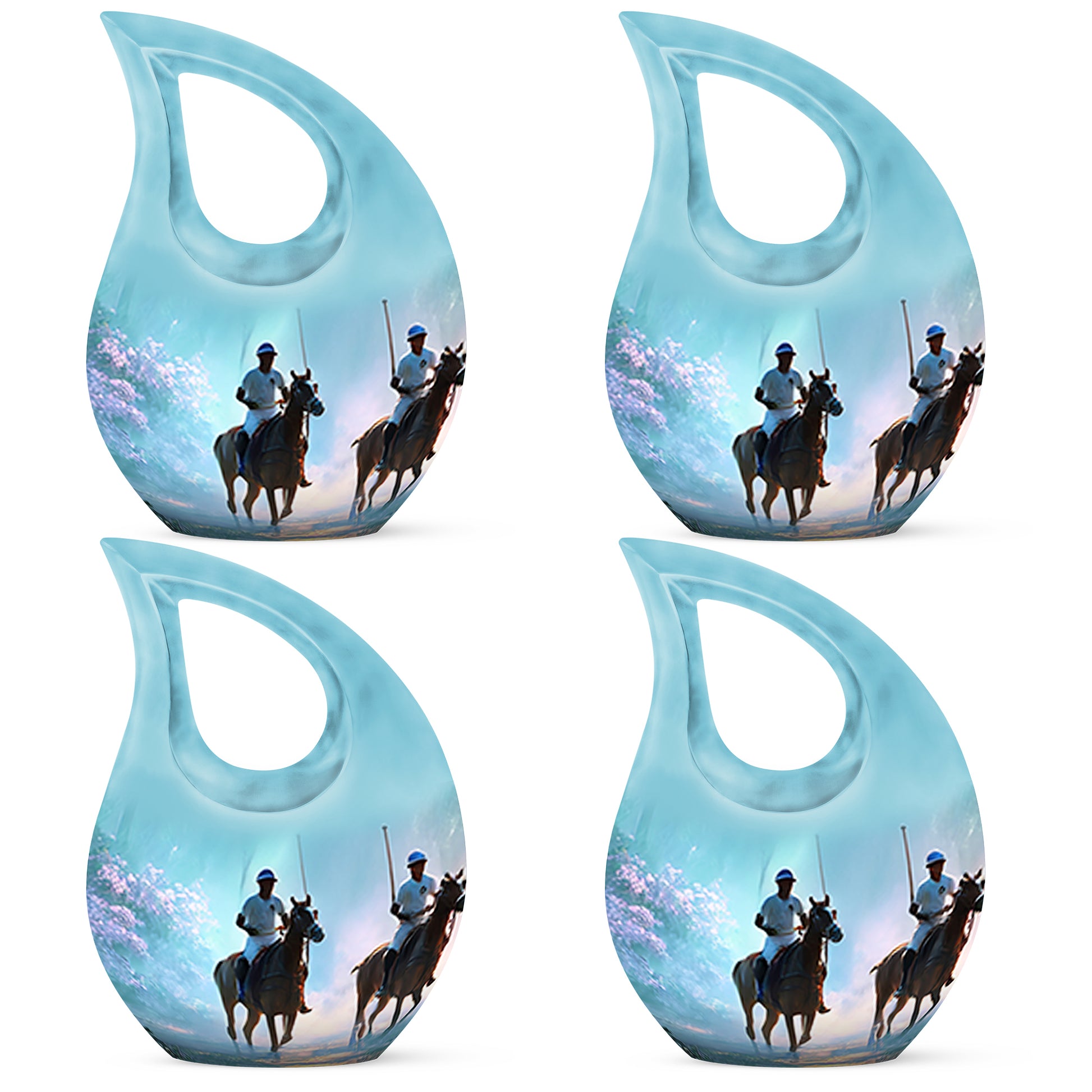 Tropical Teal Horse Polo Cremation Urn lifestyle display on memorial shelf - faith-inspired cross-drop urn with horse polo pattern - 10 inch aluminum urn for cremated remains