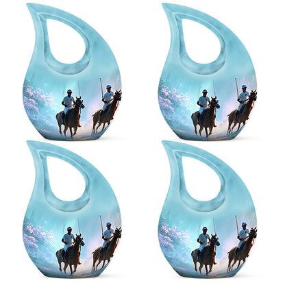 Tropical Teal Horse Polo Cremation Urn lifestyle display on memorial shelf - faith-inspired cross-drop urn with horse polo pattern - 10 inch aluminum urn for cremated remains