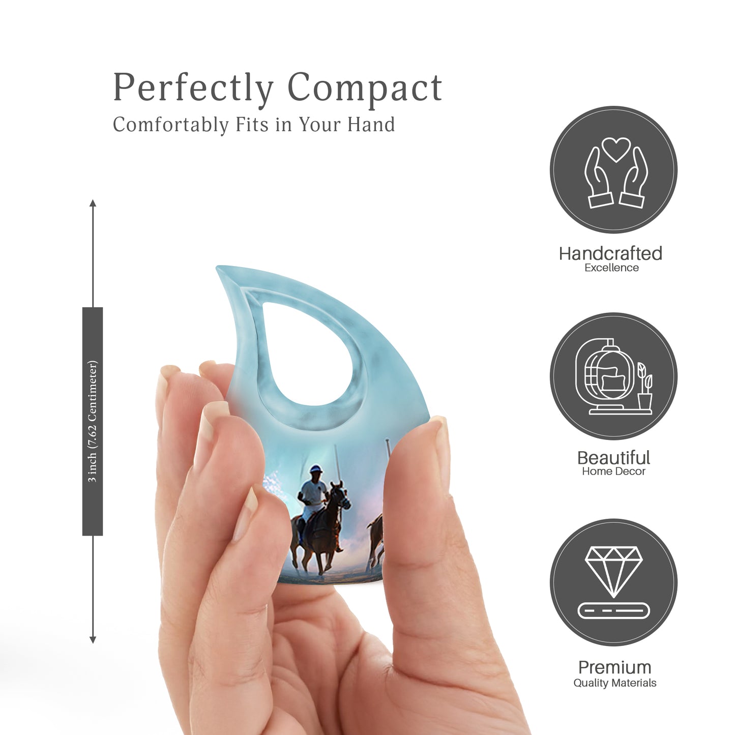 Aqua Teal Horse Polo Cremation Urn back view with polished surface - devotional cross-drop horse polo engraving - mini keepsake memorial for portion of cremation ashes