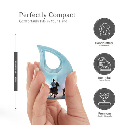 Aqua Teal Horse Polo Cremation Urn back view with polished surface - devotional cross-drop horse polo engraving - mini keepsake memorial for portion of cremation ashes