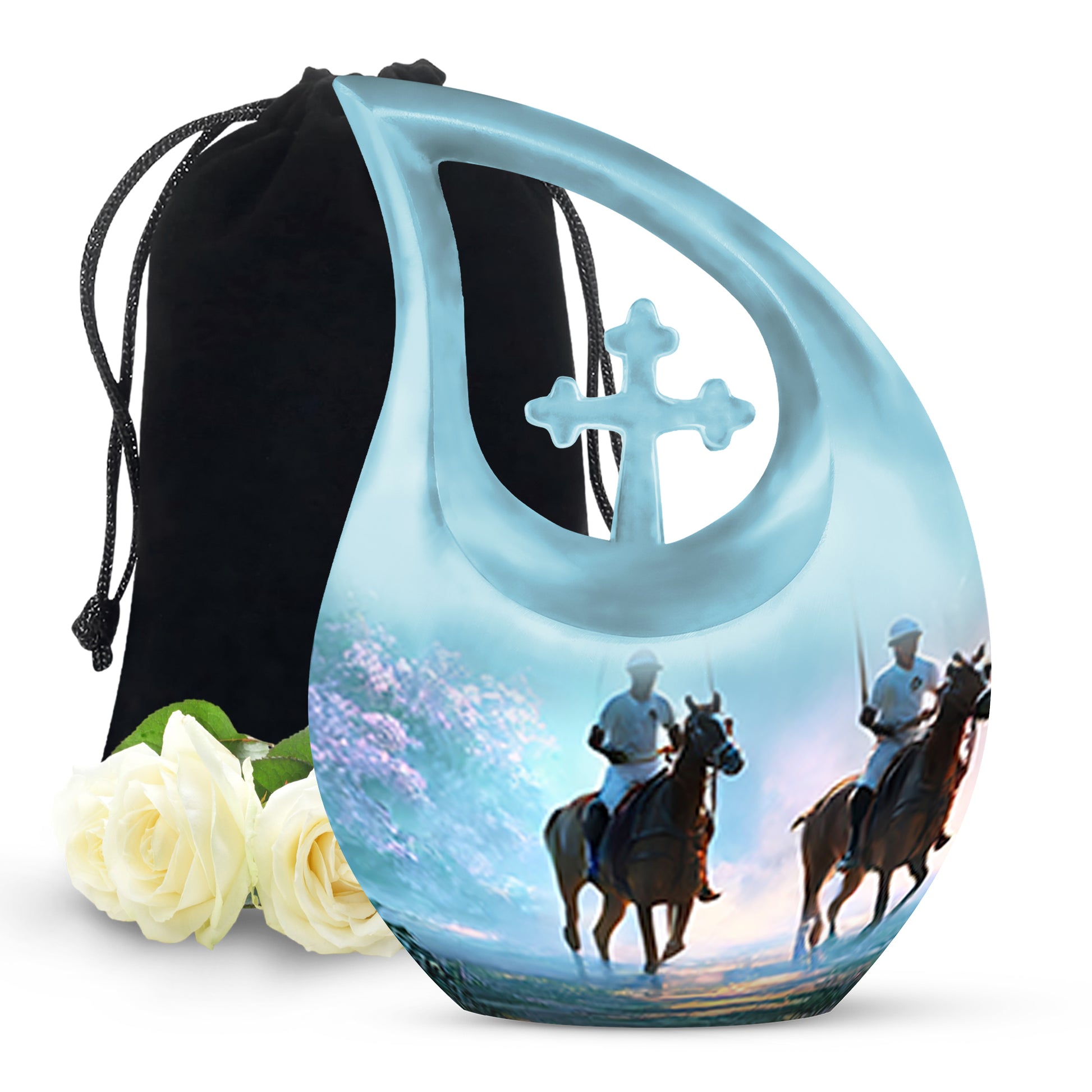 Soft Teal Horse Polo Cremation Urn top-down view of secure threaded lid - sacred cross merged with horse polo motif on metal - full-size 10 inch 200 cubic inch adult cremation urn