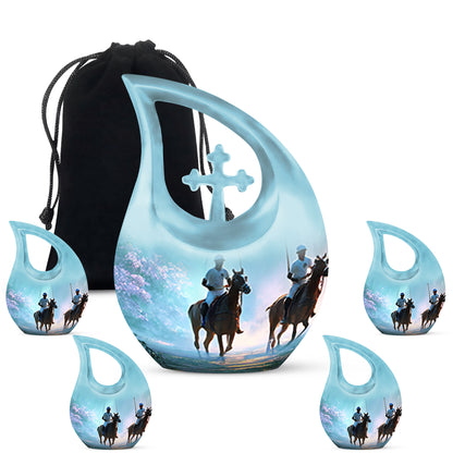 Vivid Teal Horse Polo Cremation Urn urn with complimentary velvet bag - faith-inspired cross-drop urn with horse polo pattern - memorial set with one large and four small urns