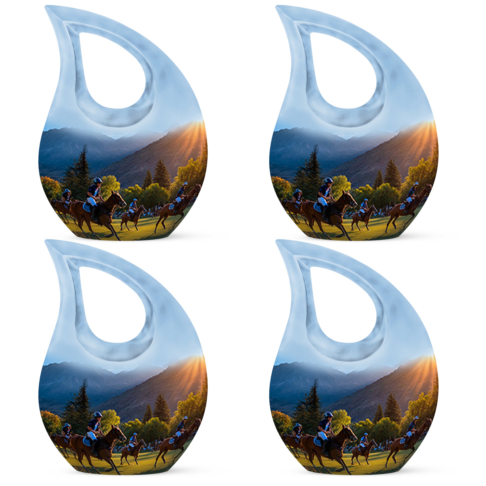 Sky Blue Horse Polo Cremation Urn lifestyle display on memorial shelf - sacred cross merged with horse polo motif on metal - 10 inch aluminum urn for cremated remains