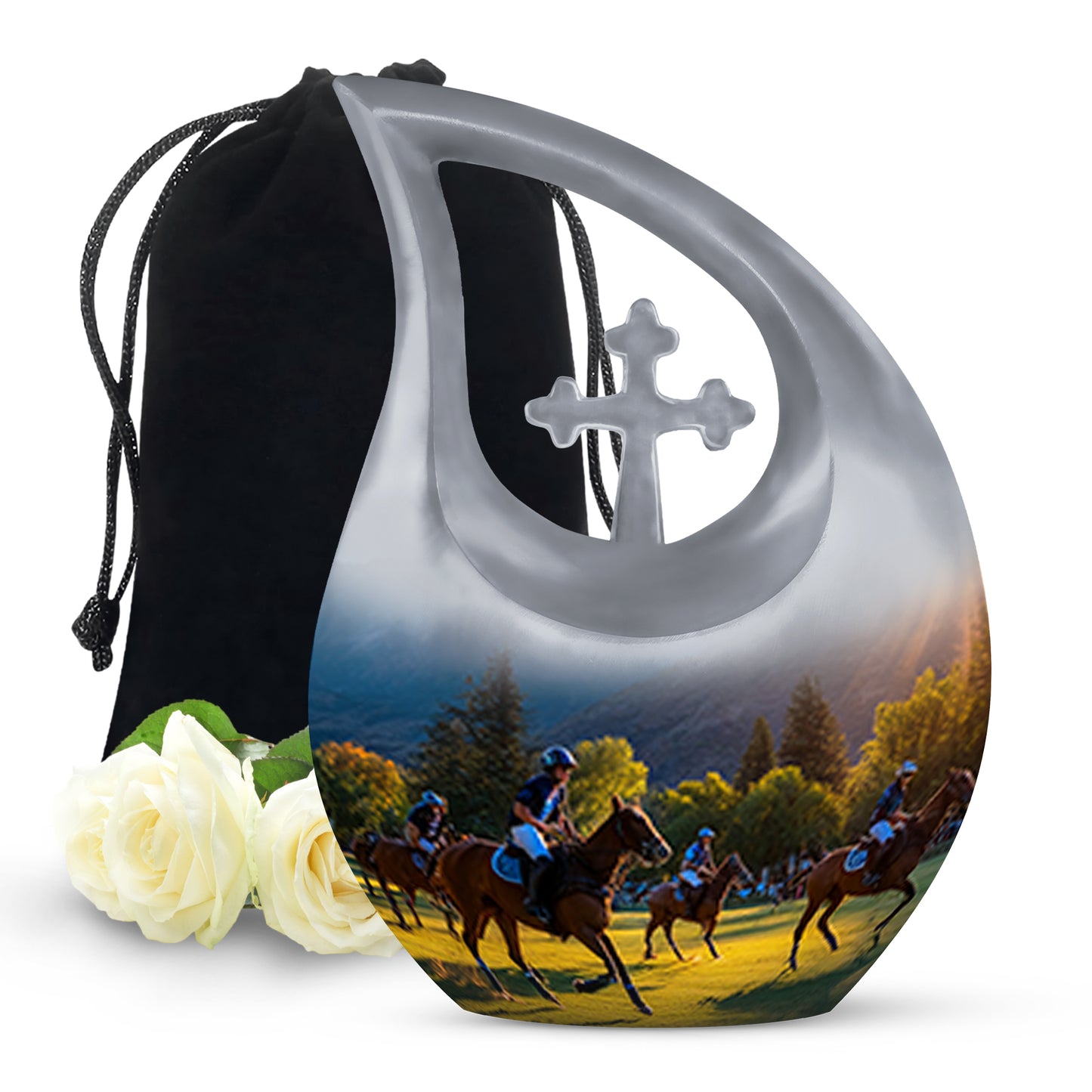 Vivid Blue Horse Polo Cremation Urn top-down view of secure threaded lid - faith-inspired cross-drop urn with horse polo pattern - full-size 10 inch 200 cubic inch adult cremation urn