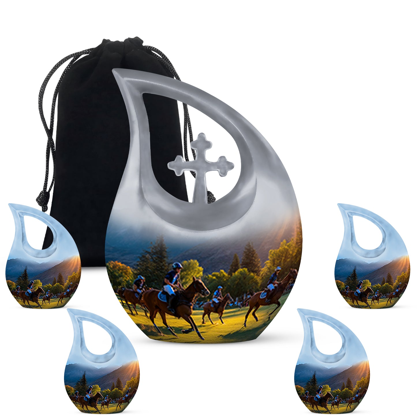 Twilight Blue Horse Polo Cremation Urn urn with complimentary velvet bag - faith-inspired cross-drop urn with horse polo pattern - memorial set with one large and four small urns