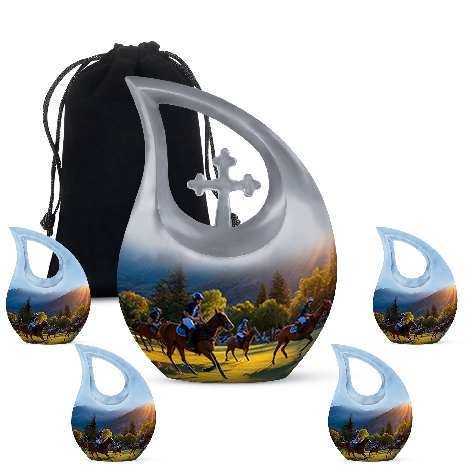 Twilight Blue Horse Polo Cremation Urn urn with complimentary velvet bag - faith-inspired cross-drop urn with horse polo pattern - memorial set with one large and four small urns