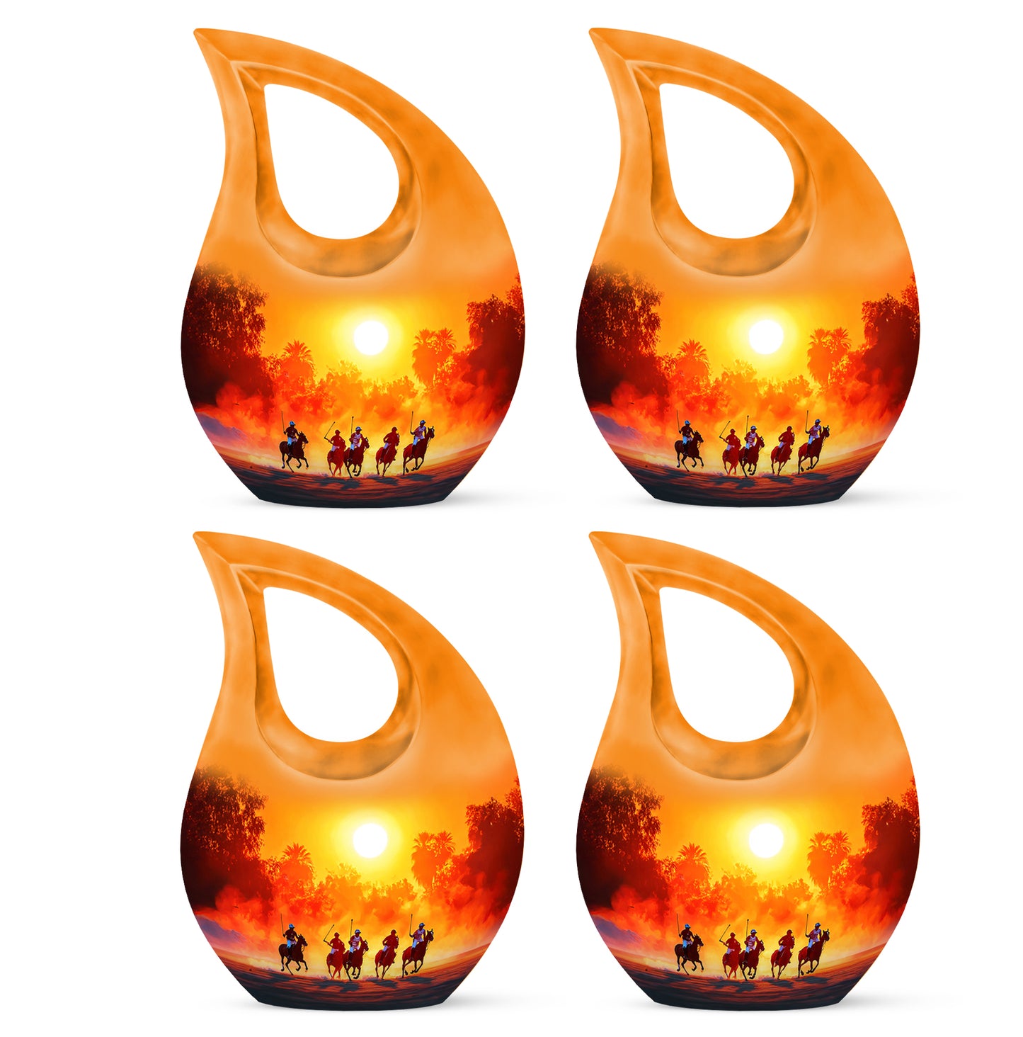 Amber Gold Horse Polo Cremation Urn lifestyle display on memorial shelf - sacred cross merged with horse polo motif on metal - 10 inch aluminum urn for cremated remains