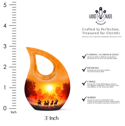 Amber Gold Horse Polo Cremation Urn back view with polished surface - cross and horse polo combined in spiritual memorial design - mini keepsake memorial for portion of cremation ashes