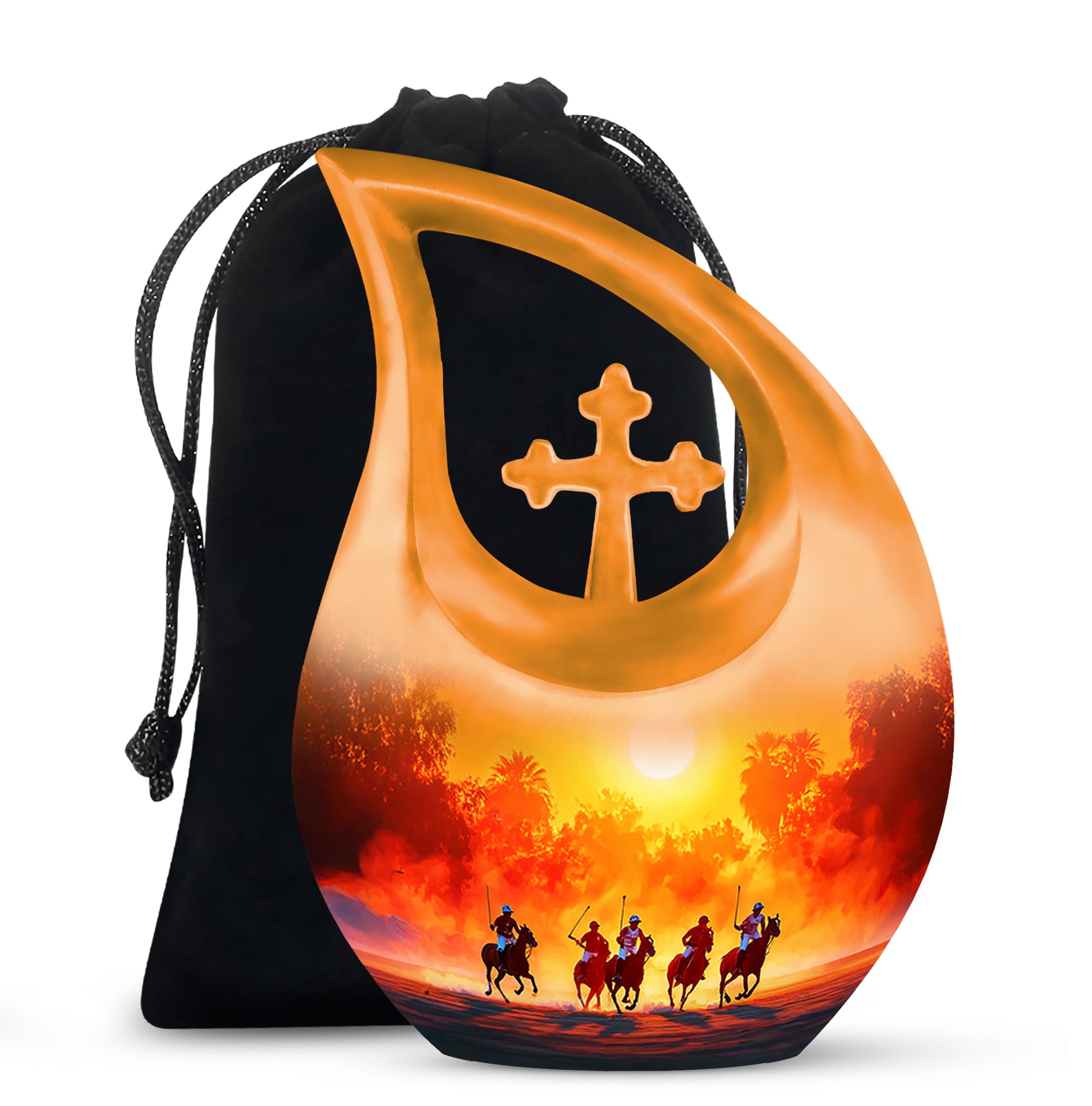 Royal Gold Horse Polo Cremation Urn top-down view of secure threaded lid - devotional cross-drop horse polo engraving - full-size 10 inch 200 cubic inch adult cremation urn