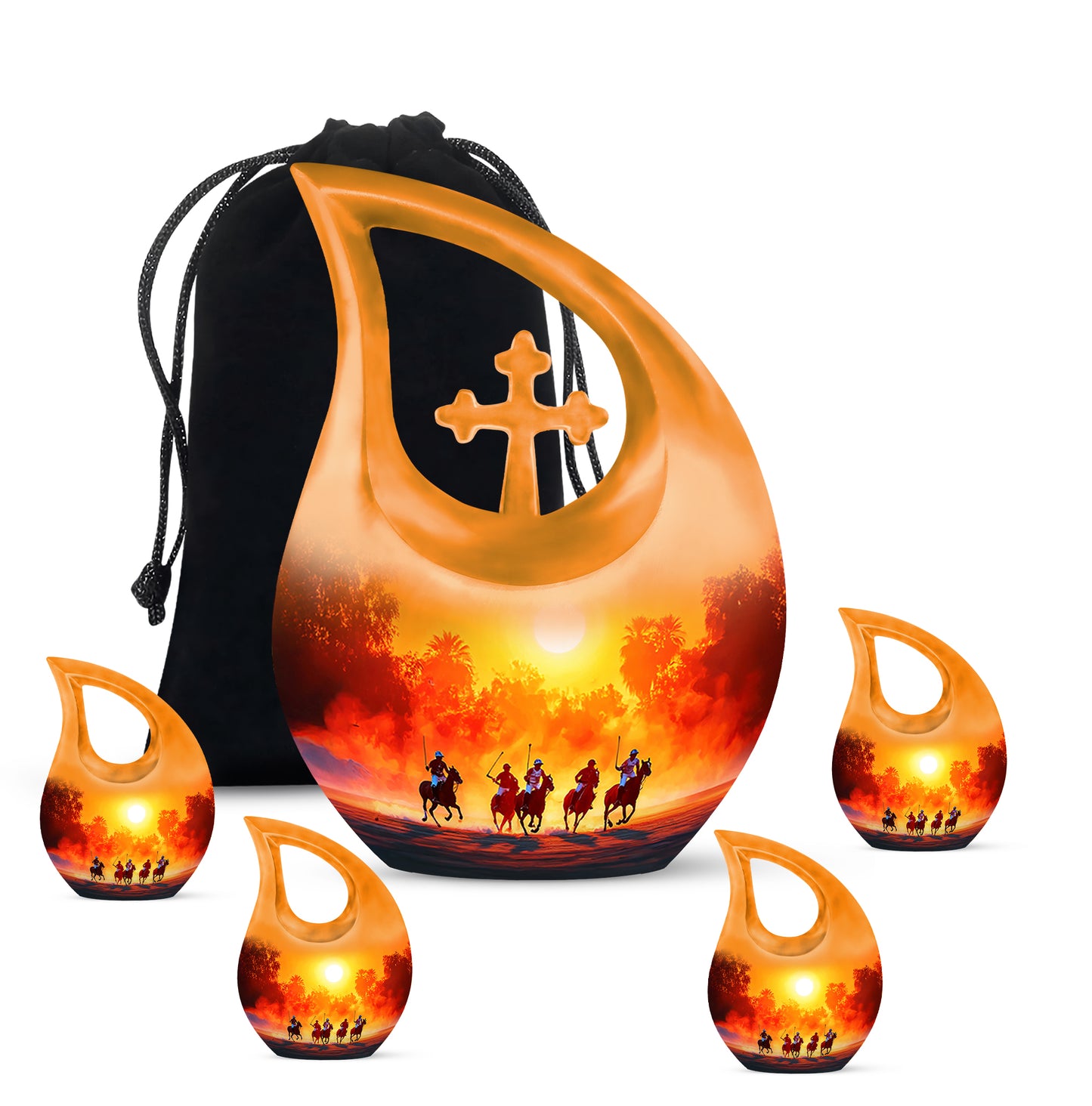Warm Gold Horse Polo Cremation Urn urn with complimentary velvet bag - devotional cross-drop horse polo engraving - memorial set with one large and four small urns