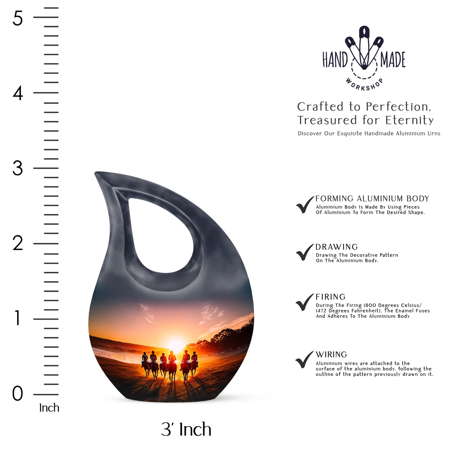 Ebony Horse Polo Cremation Urn back view with polished surface - cross and horse polo combined in spiritual memorial design - mini keepsake memorial for portion of cremation ashes