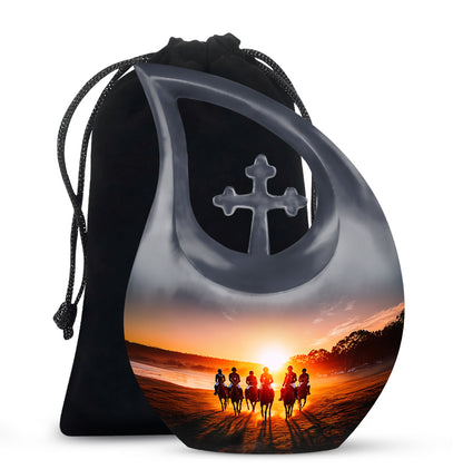 Deep Black Horse Polo Cremation Urn top-down view of secure threaded lid - cross and horse polo combined in spiritual memorial design - full-size 10 inch 200 cubic inch adult cremation urn