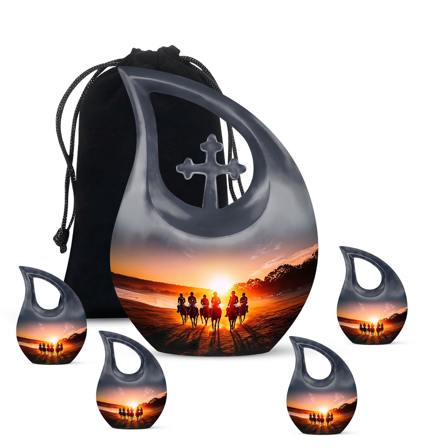 Midnight Black Horse Polo Cremation Urn urn with complimentary velvet bag - faith-inspired cross-drop urn with horse polo pattern - memorial set with one large and four small urns