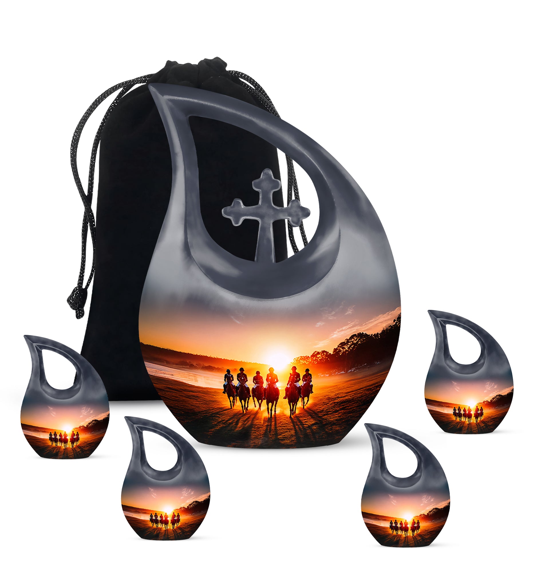 Midnight Black Horse Polo Cremation Urn urn with complimentary velvet bag - faith-inspired cross-drop urn with horse polo pattern - memorial set with one large and four small urns