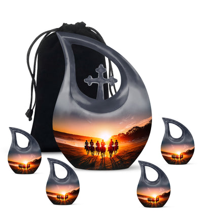 Midnight Black Horse Polo Cremation Urn urn with complimentary velvet bag - faith-inspired cross-drop urn with horse polo pattern - memorial set with one large and four small urns