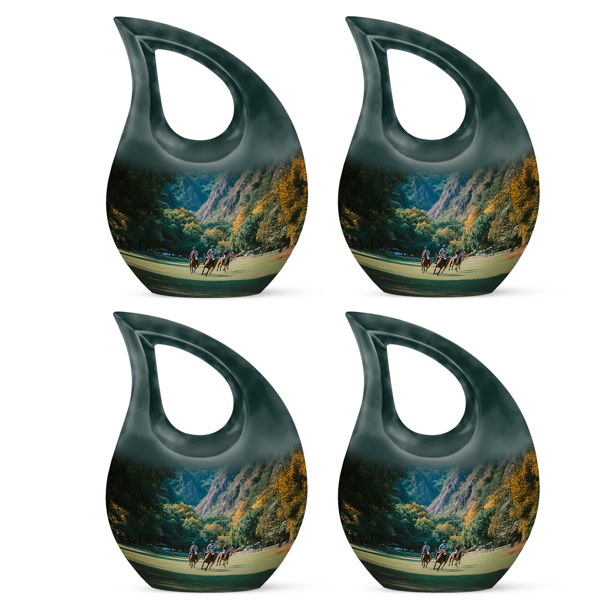 Deep Teal Horse Polo Cremation Urn lifestyle display on memorial shelf - faith-inspired cross-drop urn with horse polo pattern - 10 inch aluminum urn for cremated remains