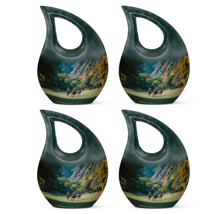 Deep Teal Horse Polo Cremation Urn lifestyle display on memorial shelf - faith-inspired cross-drop urn with horse polo pattern - 10 inch aluminum urn for cremated remains