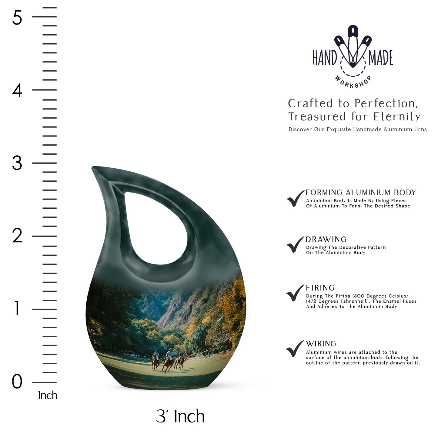 Jewel Teal Horse Polo Cremation Urn back view with polished surface - sacred cross merged with horse polo motif on metal - mini keepsake memorial for portion of cremation ashes