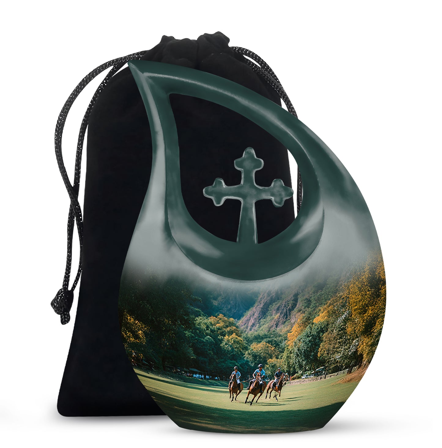 Jewel Teal Horse Polo Cremation Urn top-down view of secure threaded lid - cross and horse polo combined in spiritual memorial design - full-size 10 inch 200 cubic inch adult cremation urn