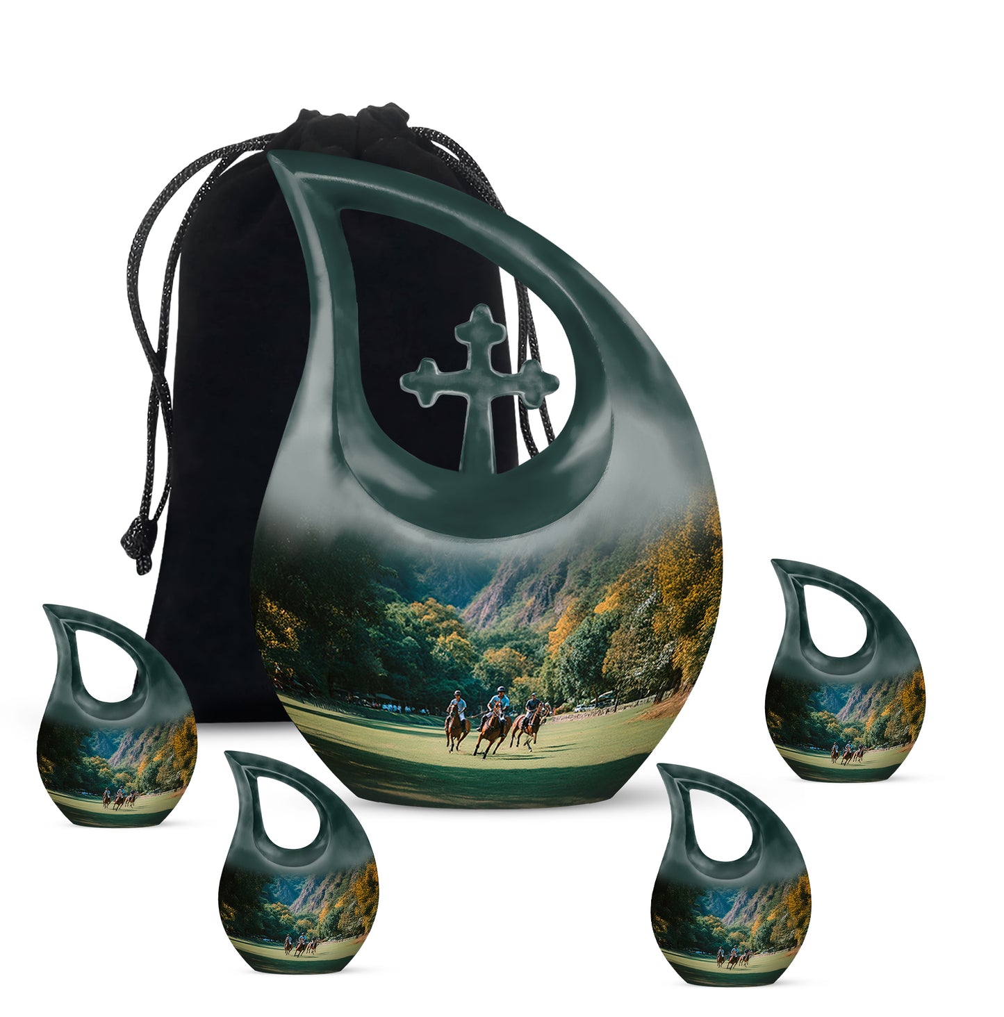 Tropical Teal Horse Polo Cremation Urn urn with complimentary velvet bag - devotional cross-drop horse polo engraving - memorial set with one large and four small urns