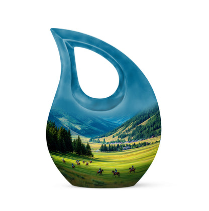 Stunning Blue Horse Polo Haven Urn for Human Ashes - 10-inch, 200 cu in - Yatskia