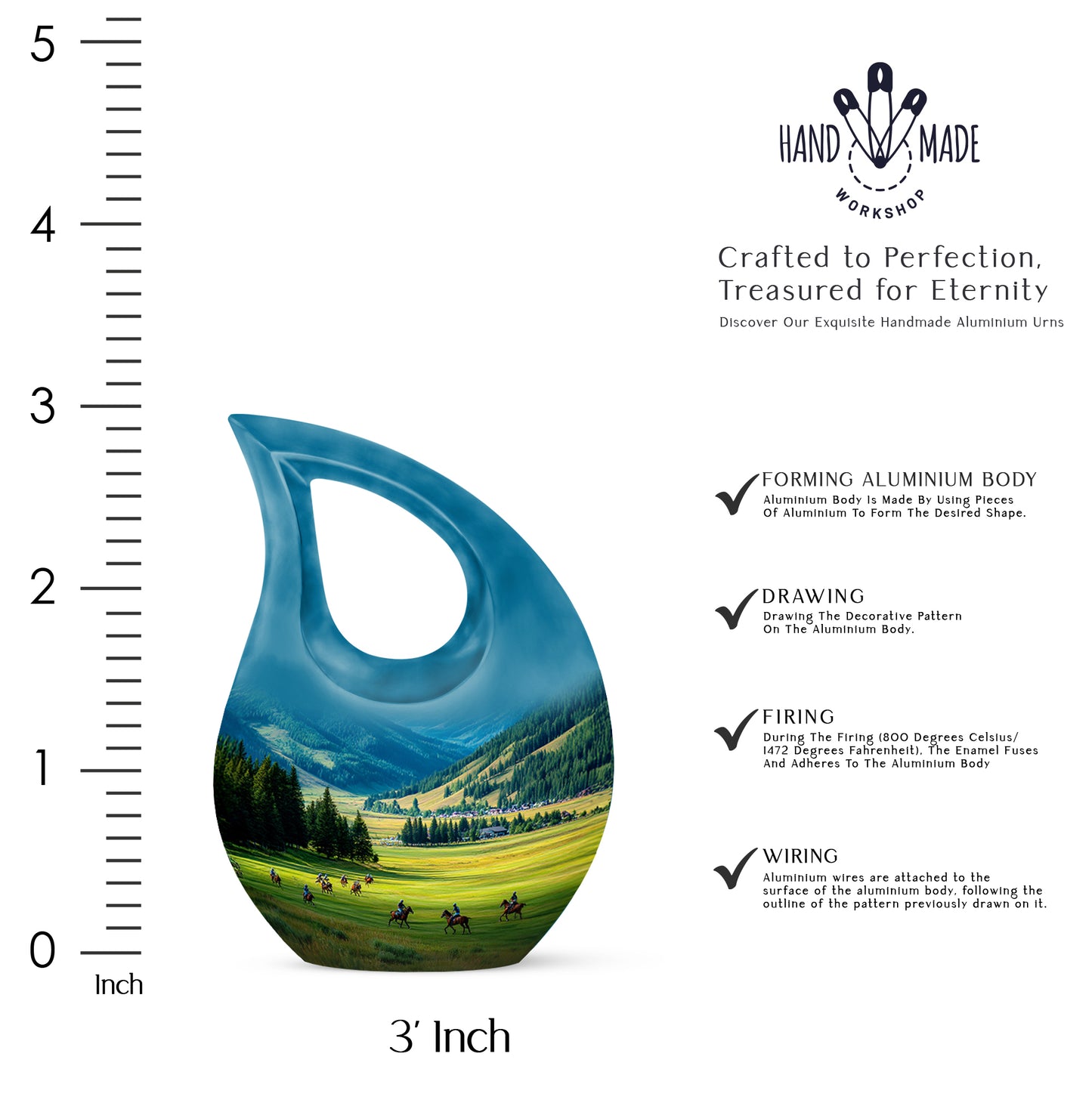Indigo Horse Polo Cremation Urn back view with polished surface - cross and horse polo combined in spiritual memorial design - mini keepsake memorial for portion of cremation ashes