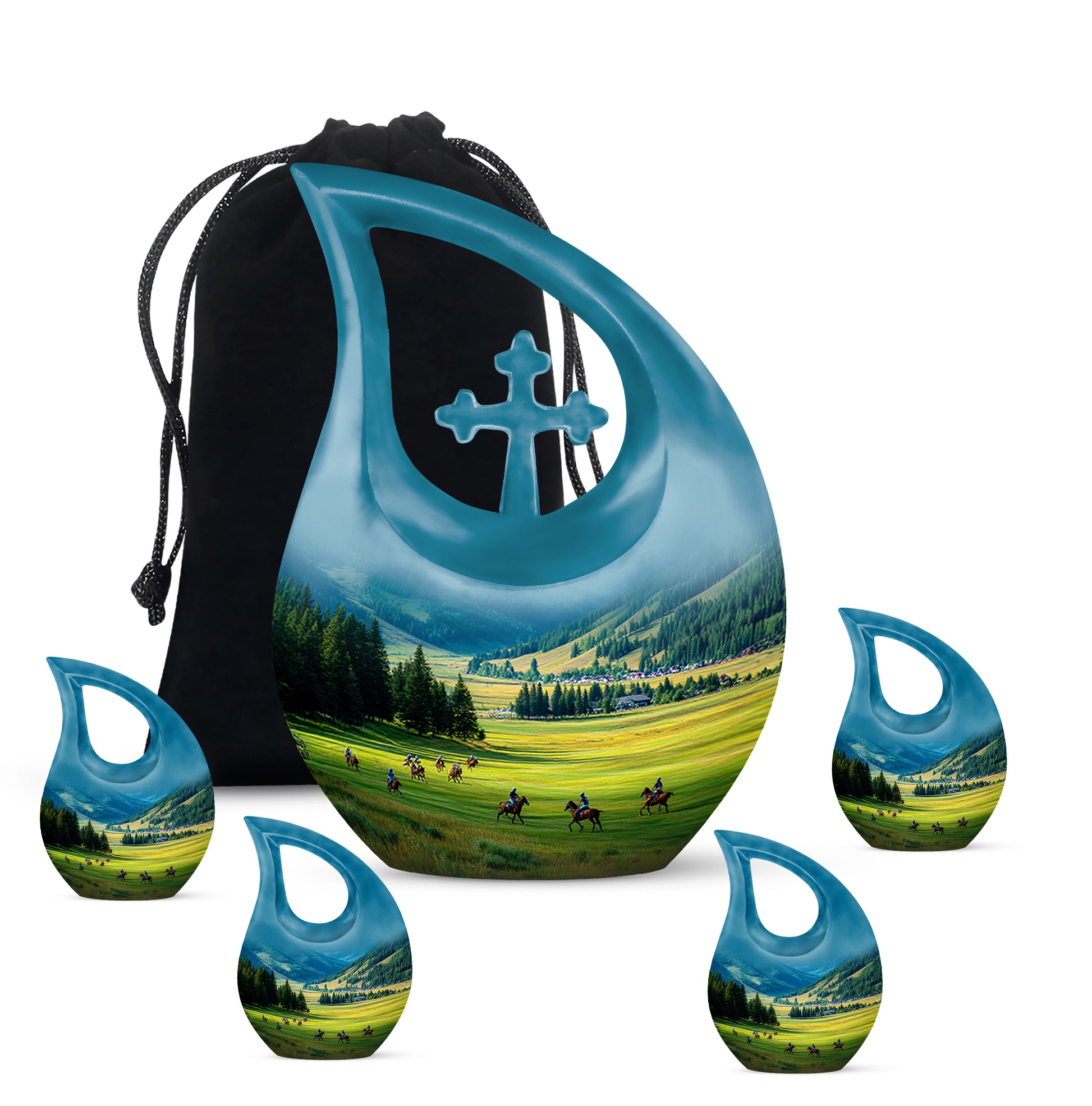 Bright Blue Horse Polo Cremation Urn urn with complimentary velvet bag - faith-inspired cross-drop urn with horse polo pattern - memorial set with one large and four small urns