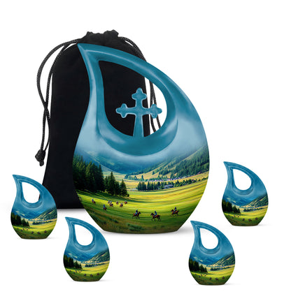 Bright Blue Horse Polo Cremation Urn urn with complimentary velvet bag - faith-inspired cross-drop urn with horse polo pattern - memorial set with one large and four small urns