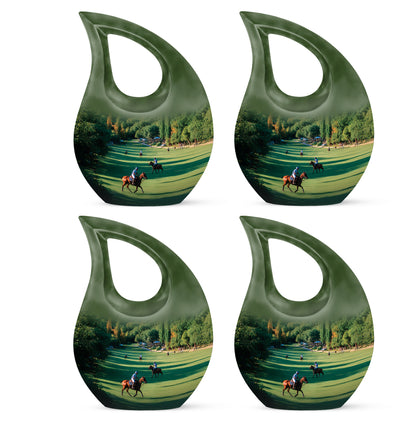 Verdant Green Horse Polo Cremation Urn lifestyle display on memorial shelf - sacred cross merged with horse polo motif on metal - 10 inch aluminum urn for cremated remains