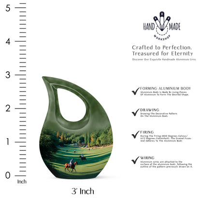 Forest Green Horse Polo Cremation Urn back view with polished surface - devotional cross-drop horse polo engraving - mini keepsake memorial for portion of cremation ashes