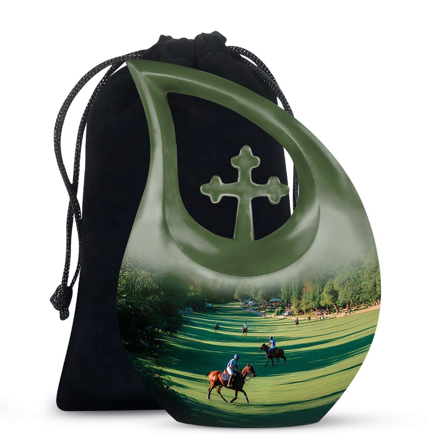 Hunter Green Horse Polo Cremation Urn top-down view of secure threaded lid - faith-inspired cross-drop urn with horse polo pattern - full-size 10 inch 200 cubic inch adult cremation urn