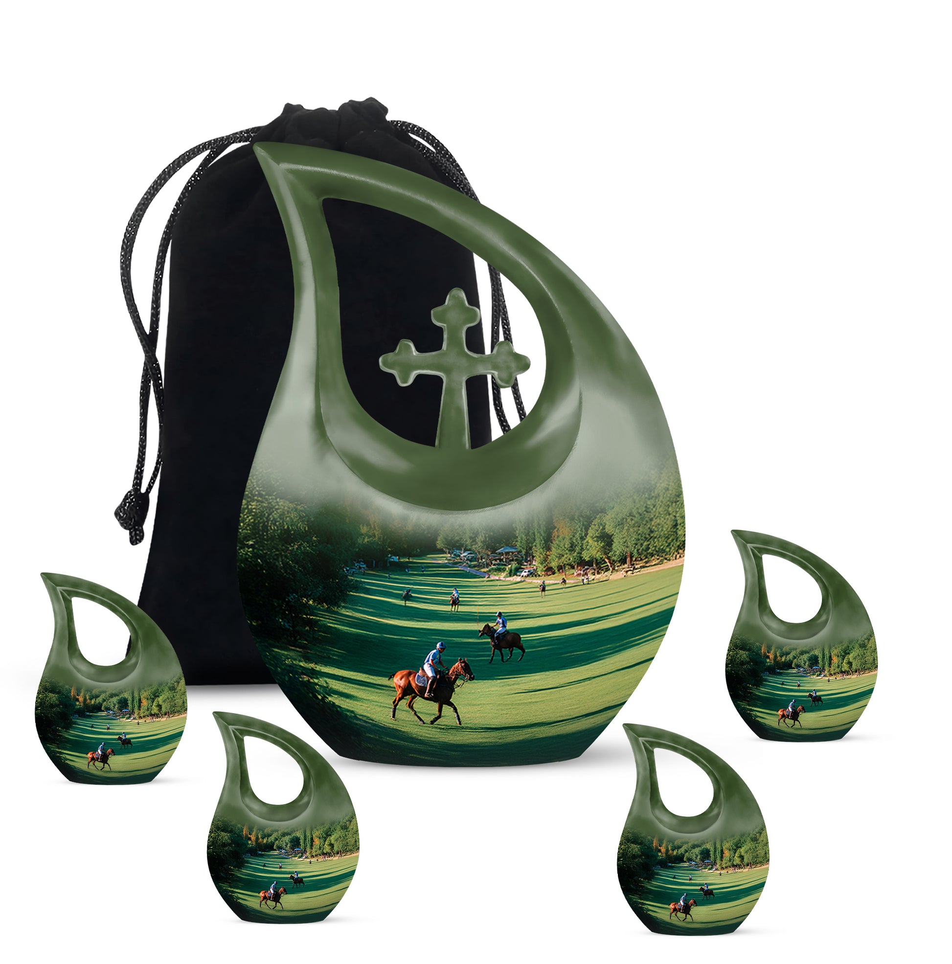 Forest Green Horse Polo Cremation Urn urn with complimentary velvet bag - devotional cross-drop horse polo engraving - memorial set with one large and four small urns
