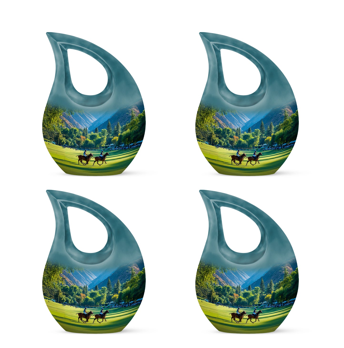 Sea Green Teal Horse Polo Cremation Urn lifestyle display on memorial shelf - cross and horse polo combined in spiritual memorial design - 10 inch aluminum urn for cremated remains