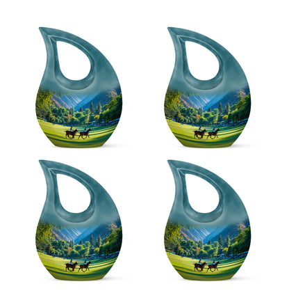 Sea Green Teal Horse Polo Cremation Urn lifestyle display on memorial shelf - cross and horse polo combined in spiritual memorial design - 10 inch aluminum urn for cremated remains