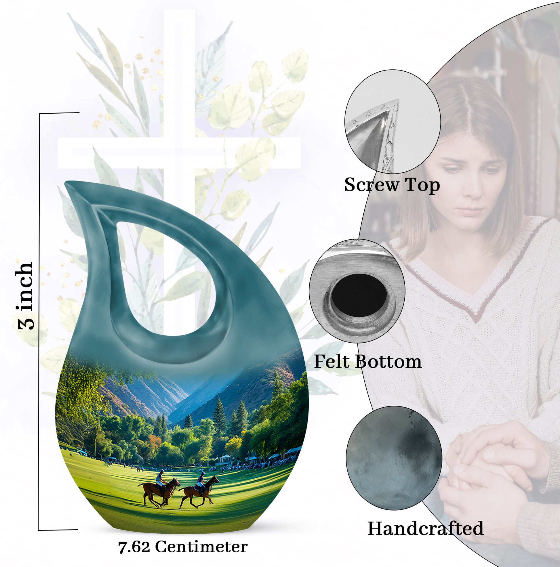 Vivid Teal Horse Polo Cremation Urn back view with polished surface - faith-inspired cross-drop urn with horse polo pattern - mini keepsake memorial for portion of cremation ashes