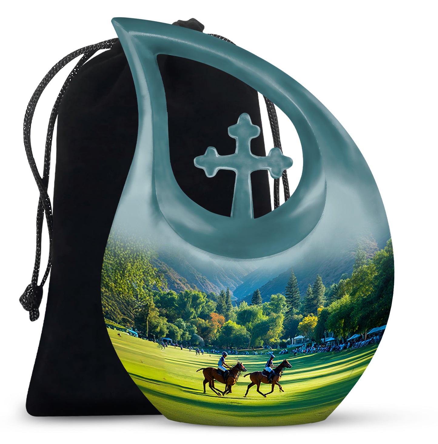 Jewel Teal Horse Polo Cremation Urn top-down view of secure threaded lid - sacred cross merged with horse polo motif on metal - full-size 10 inch 200 cubic inch adult cremation urn