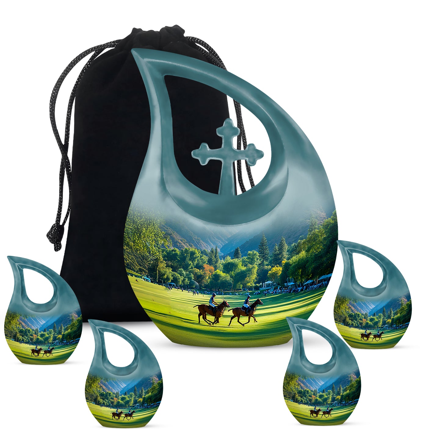 Aqua Teal Horse Polo Cremation Urn urn with complimentary velvet bag - devotional cross-drop horse polo engraving - memorial set with one large and four small urns