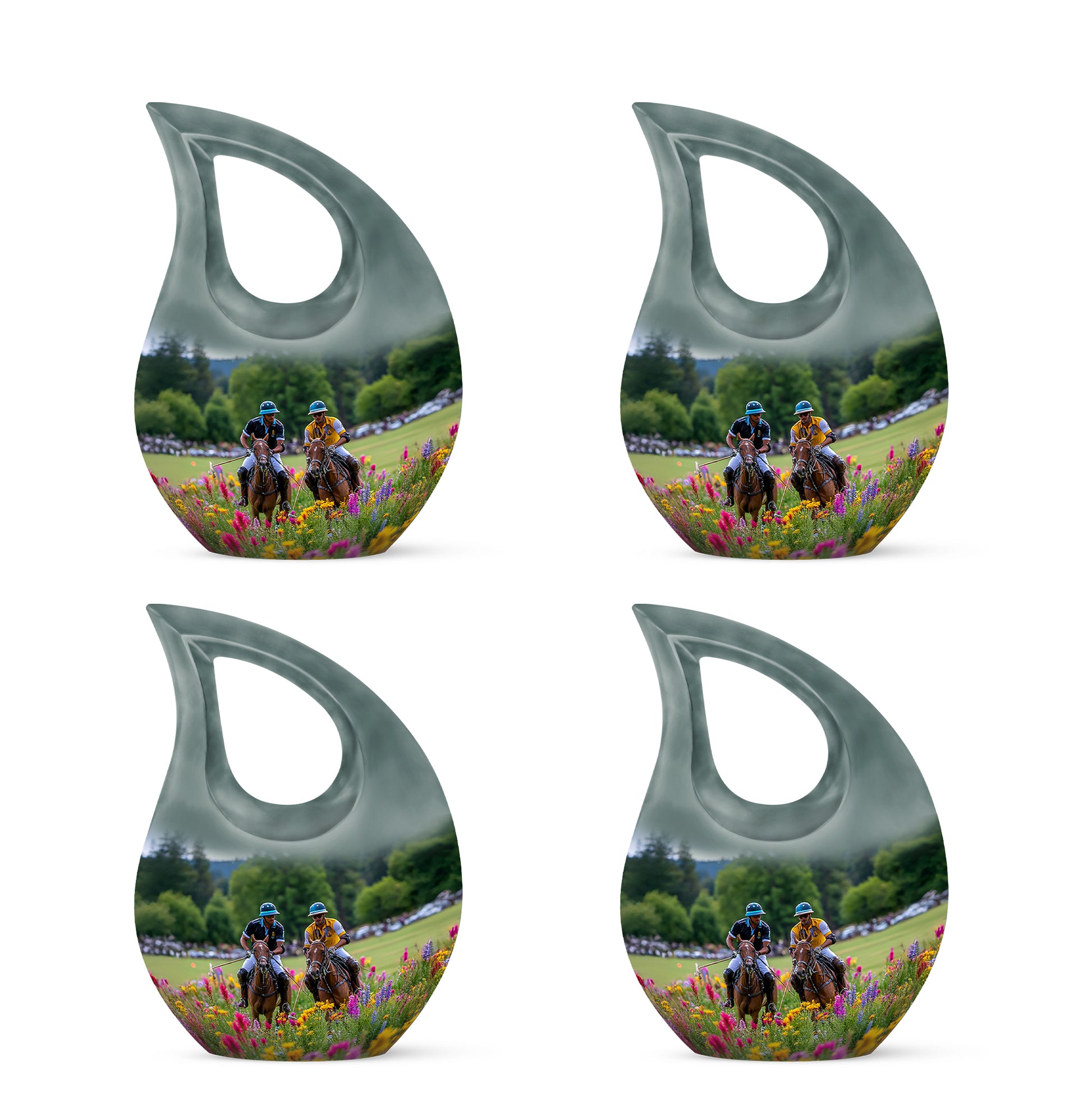 Silver Gray Horse Polo Cremation Urn lifestyle display on memorial shelf - sacred cross merged with horse polo motif on metal - 10 inch aluminum urn for cremated remains