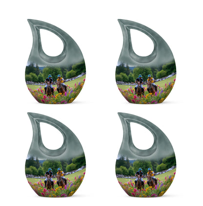 Silver Gray Horse Polo Cremation Urn lifestyle display on memorial shelf - sacred cross merged with horse polo motif on metal - 10 inch aluminum urn for cremated remains