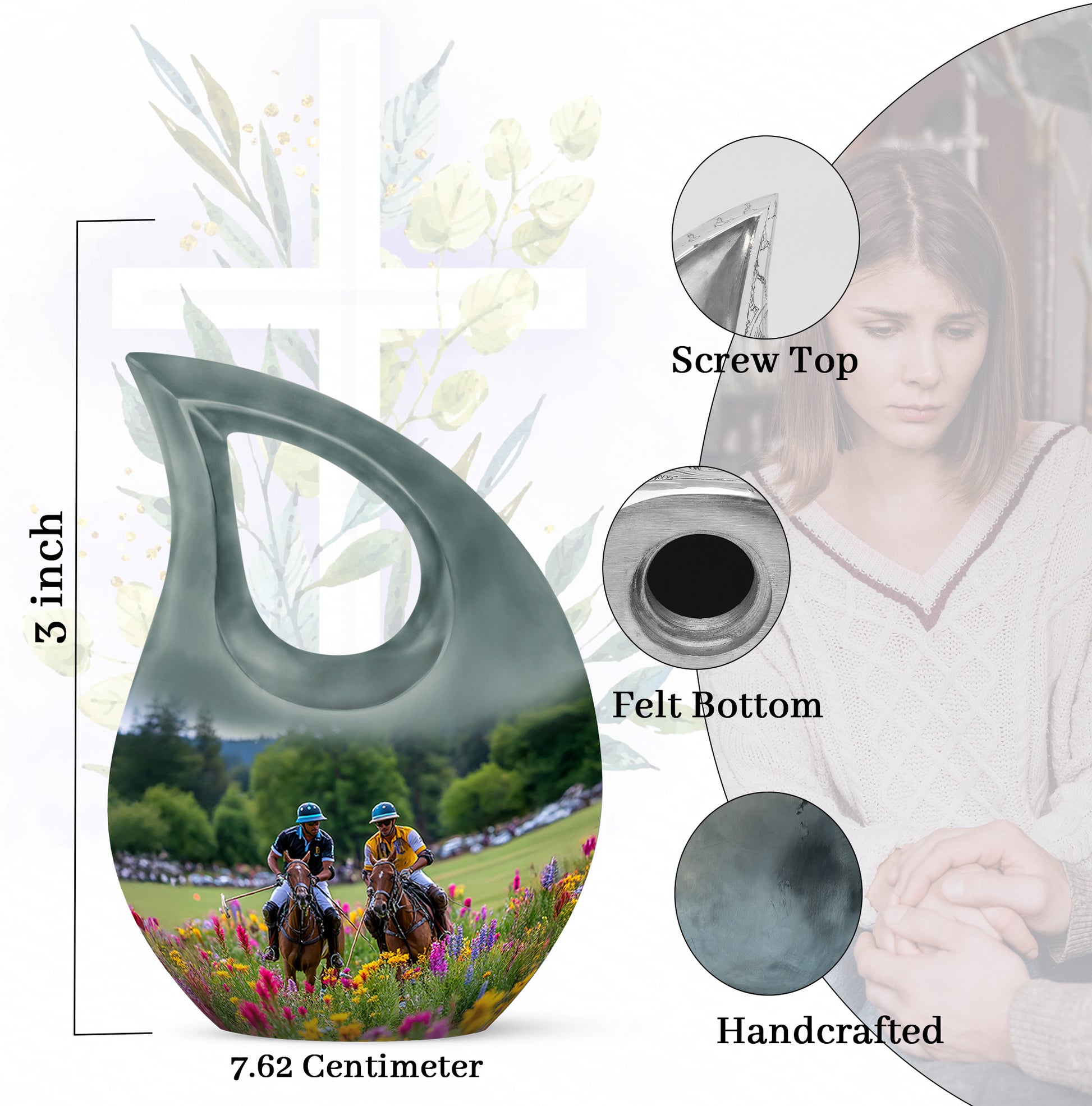 Dove Gray Horse Polo Cremation Urn back view with polished surface - sacred cross merged with horse polo motif on metal - mini keepsake memorial for portion of cremation ashes