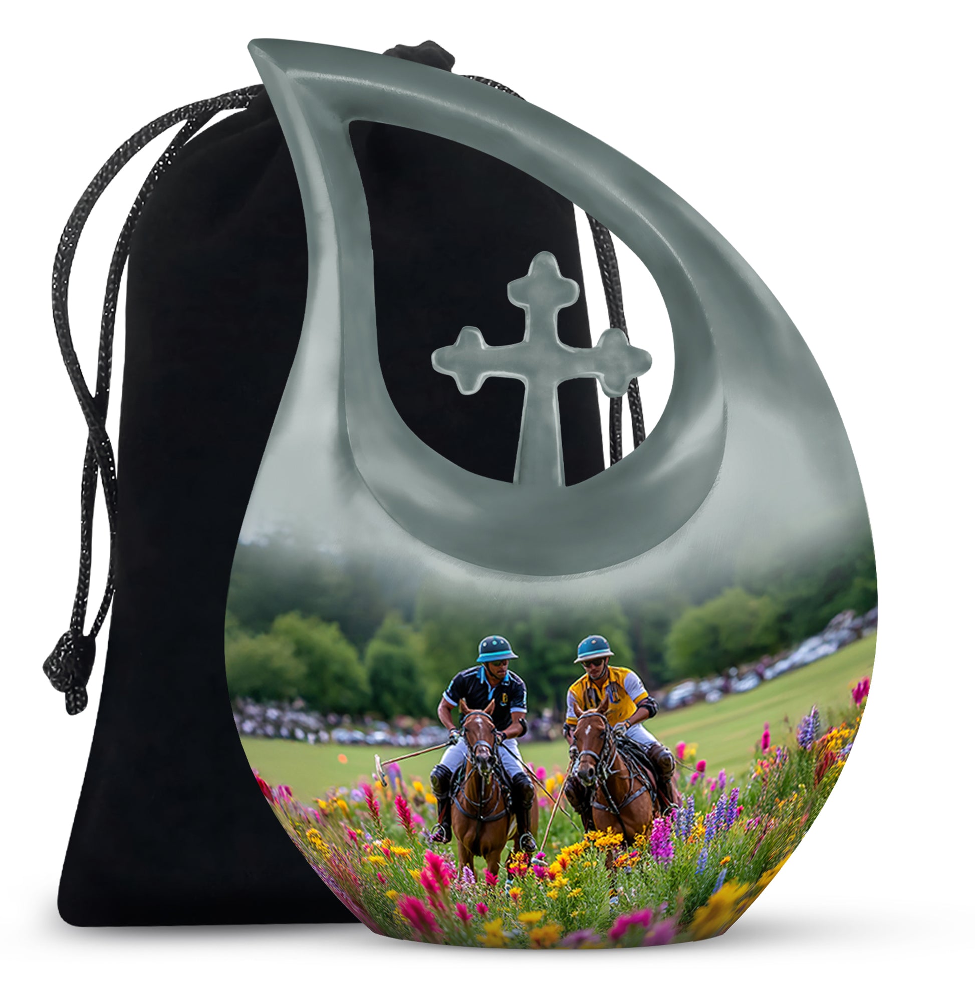 Silver Gray Horse Polo Cremation Urn top-down view of secure threaded lid - sacred cross merged with horse polo motif on metal - full-size 10 inch 200 cubic inch adult cremation urn